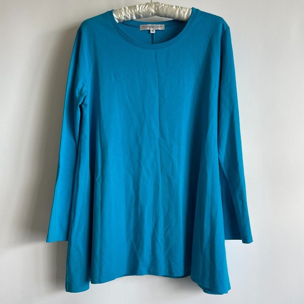 Christopher Calvin Womens Round Neck Swing Tunic Top Size S Blue Long Sleeve